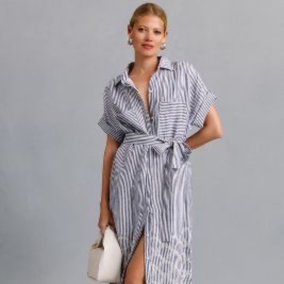 Anthropologie Maeve Short-Sleeve Embroidered Shirt Dress, Petite Medium - Picture 11 of 13